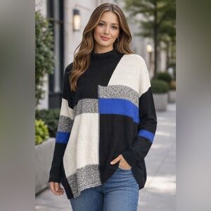 Style & Co Long Sleeve Muse Colorblock Multi-color Sea Captain Black Sweater M